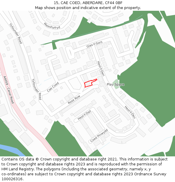 15, CAE COED, ABERDARE, CF44 0BF: Location map and indicative extent of plot