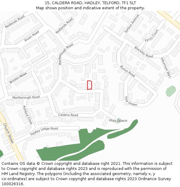 15, CALDERA ROAD, HADLEY, TELFORD, TF1 5LT: Location map and indicative extent of plot