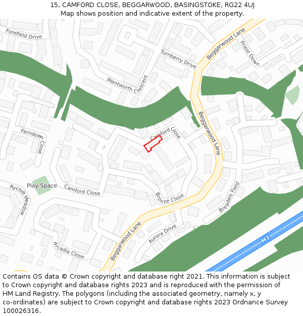 15, CAMFORD CLOSE, BEGGARWOOD, BASINGSTOKE, RG22 4UJ: Location map and indicative extent of plot