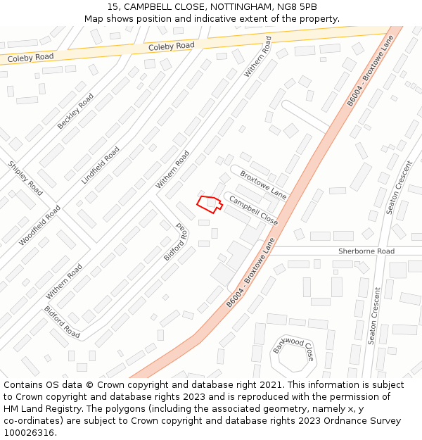 15, CAMPBELL CLOSE, NOTTINGHAM, NG8 5PB: Location map and indicative extent of plot