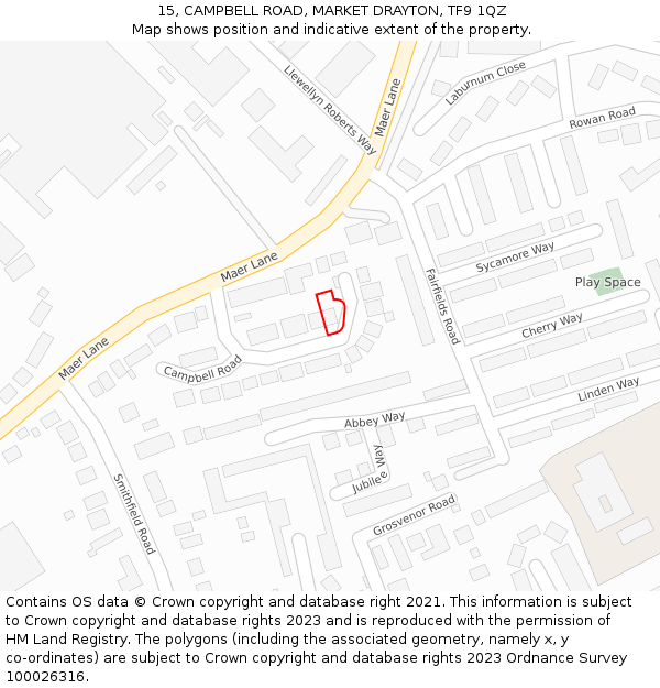 15, CAMPBELL ROAD, MARKET DRAYTON, TF9 1QZ: Location map and indicative extent of plot
