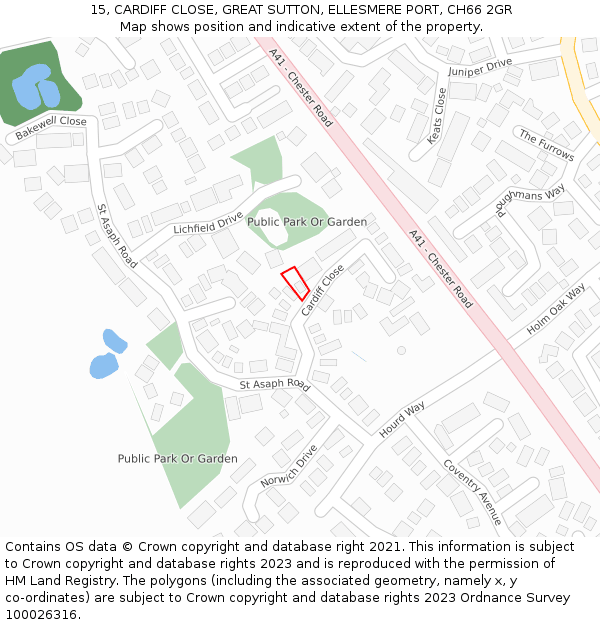 15, CARDIFF CLOSE, GREAT SUTTON, ELLESMERE PORT, CH66 2GR: Location map and indicative extent of plot