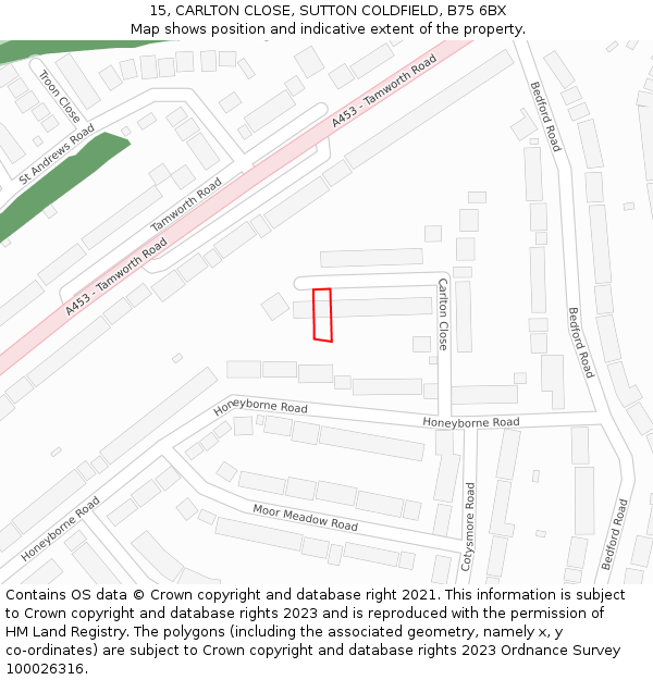 15, CARLTON CLOSE, SUTTON COLDFIELD, B75 6BX: Location map and indicative extent of plot
