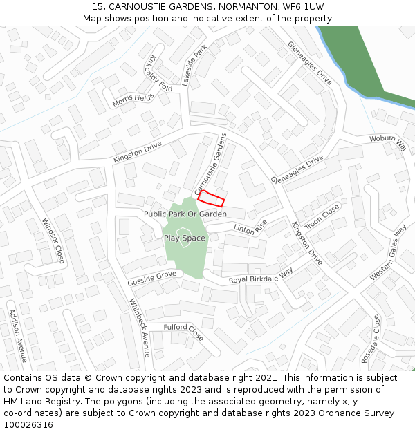 15, CARNOUSTIE GARDENS, NORMANTON, WF6 1UW: Location map and indicative extent of plot