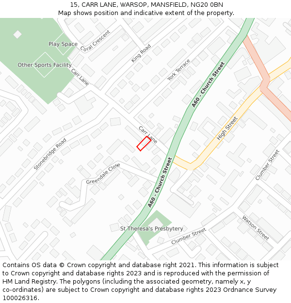 15, CARR LANE, WARSOP, MANSFIELD, NG20 0BN: Location map and indicative extent of plot
