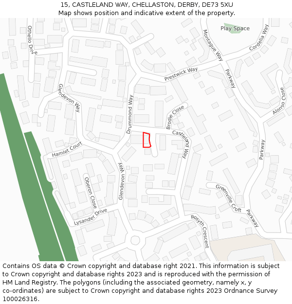15, CASTLELAND WAY, CHELLASTON, DERBY, DE73 5XU: Location map and indicative extent of plot