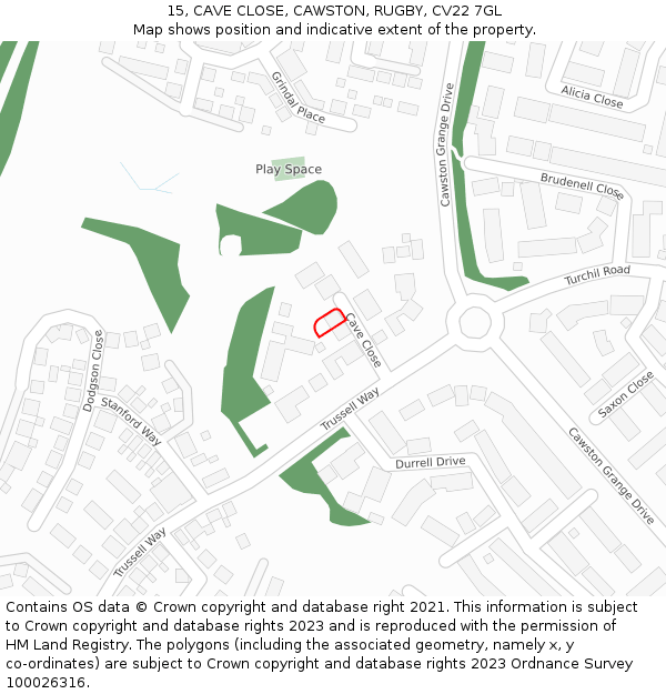 15, CAVE CLOSE, CAWSTON, RUGBY, CV22 7GL: Location map and indicative extent of plot