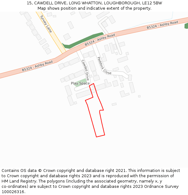 15, CAWDELL DRIVE, LONG WHATTON, LOUGHBOROUGH, LE12 5BW: Location map and indicative extent of plot