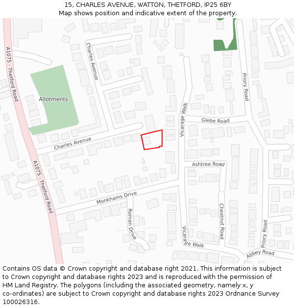 15, CHARLES AVENUE, WATTON, THETFORD, IP25 6BY: Location map and indicative extent of plot