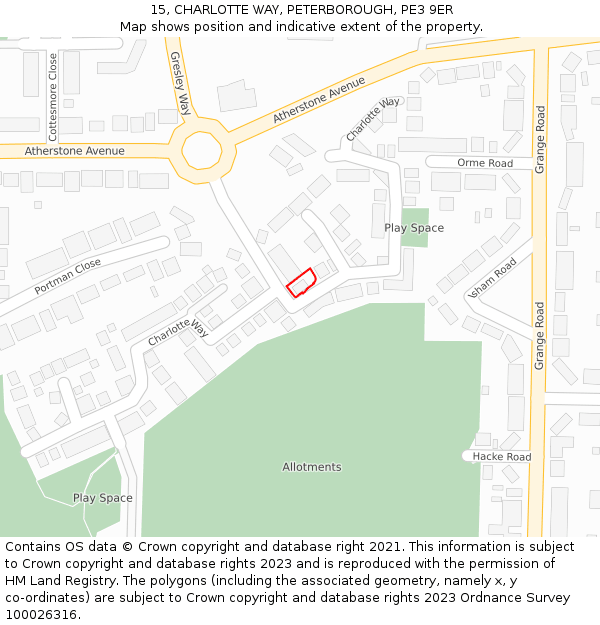 15, CHARLOTTE WAY, PETERBOROUGH, PE3 9ER: Location map and indicative extent of plot