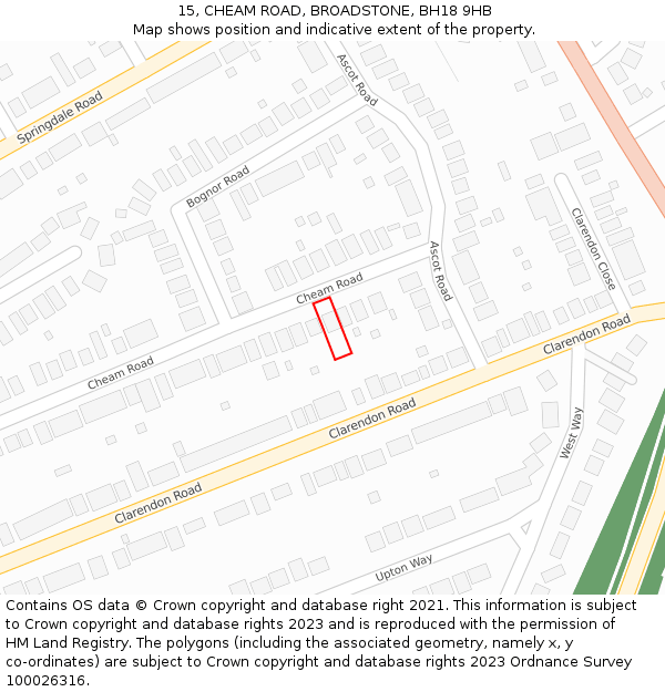 15, CHEAM ROAD, BROADSTONE, BH18 9HB: Location map and indicative extent of plot