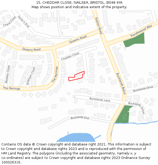 15, CHEDDAR CLOSE, NAILSEA, BRISTOL, BS48 4YA: Location map and indicative extent of plot