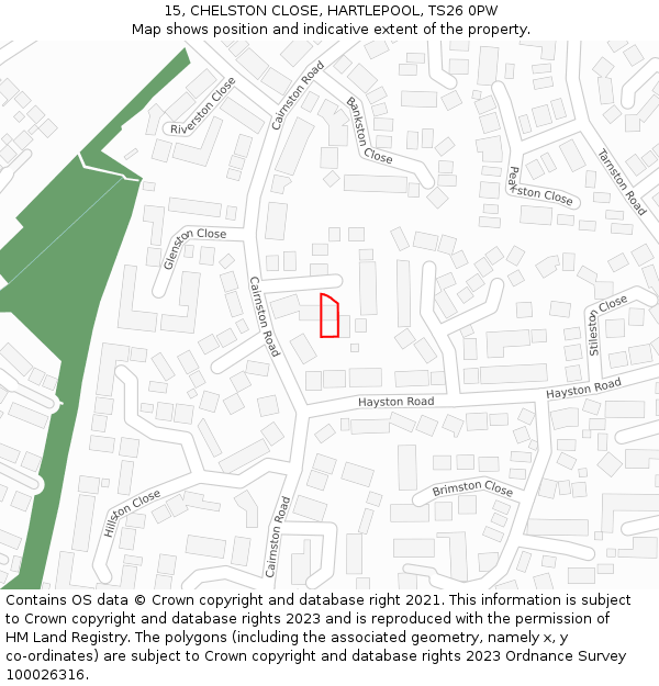 15, CHELSTON CLOSE, HARTLEPOOL, TS26 0PW: Location map and indicative extent of plot