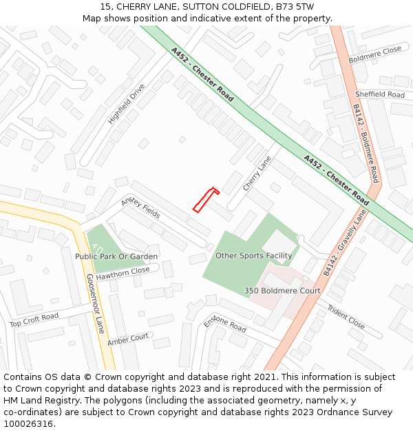 15, CHERRY LANE, SUTTON COLDFIELD, B73 5TW: Location map and indicative extent of plot