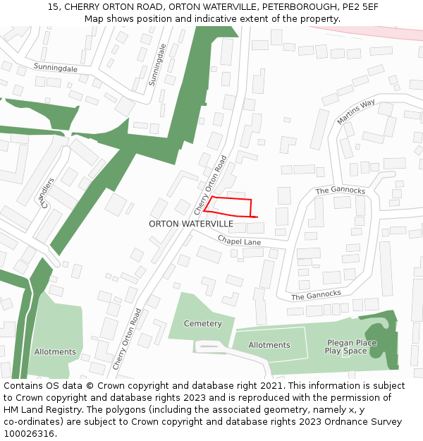 15, CHERRY ORTON ROAD, ORTON WATERVILLE, PETERBOROUGH, PE2 5EF: Location map and indicative extent of plot