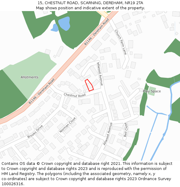 15, CHESTNUT ROAD, SCARNING, DEREHAM, NR19 2TA: Location map and indicative extent of plot