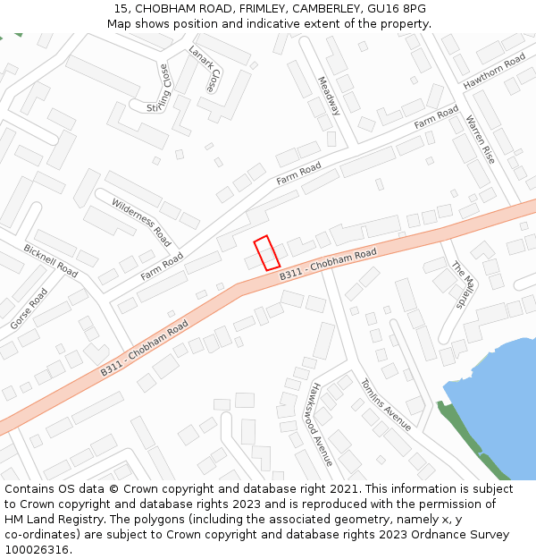 15, CHOBHAM ROAD, FRIMLEY, CAMBERLEY, GU16 8PG: Location map and indicative extent of plot
