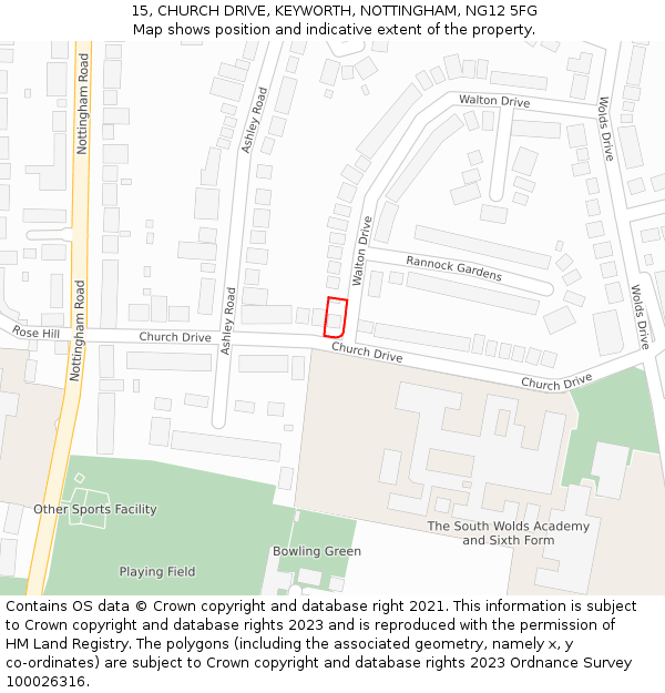 15, CHURCH DRIVE, KEYWORTH, NOTTINGHAM, NG12 5FG: Location map and indicative extent of plot