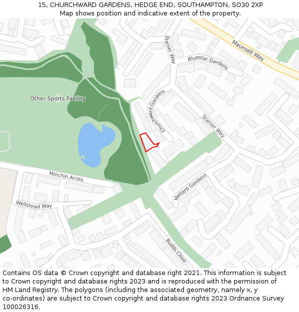 15, CHURCHWARD GARDENS, HEDGE END, SOUTHAMPTON, SO30 2XP: Location map and indicative extent of plot
