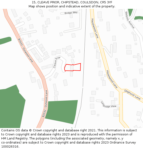 15, CLEAVE PRIOR, CHIPSTEAD, COULSDON, CR5 3YF: Location map and indicative extent of plot