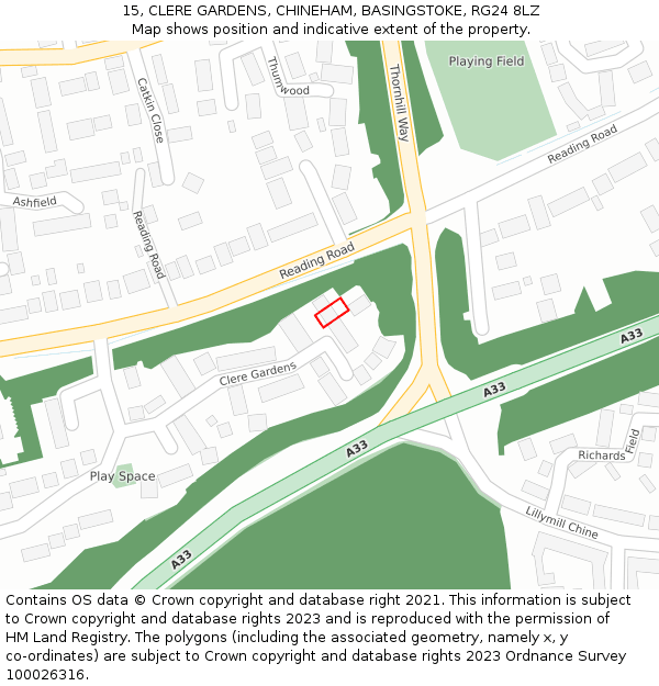 15, CLERE GARDENS, CHINEHAM, BASINGSTOKE, RG24 8LZ: Location map and indicative extent of plot