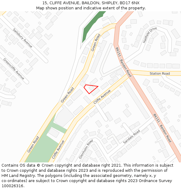 15, CLIFFE AVENUE, BAILDON, SHIPLEY, BD17 6NX: Location map and indicative extent of plot