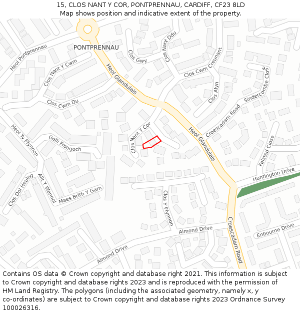 15, CLOS NANT Y COR, PONTPRENNAU, CARDIFF, CF23 8LD: Location map and indicative extent of plot