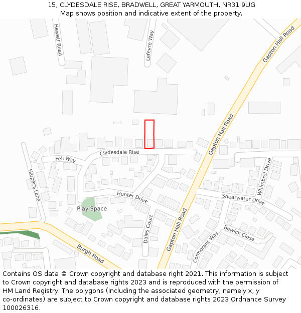 15, CLYDESDALE RISE, BRADWELL, GREAT YARMOUTH, NR31 9UG: Location map and indicative extent of plot