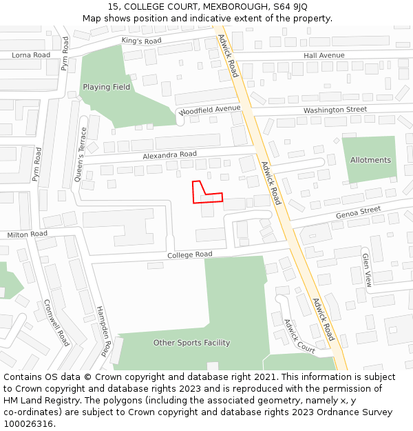 15, COLLEGE COURT, MEXBOROUGH, S64 9JQ: Location map and indicative extent of plot