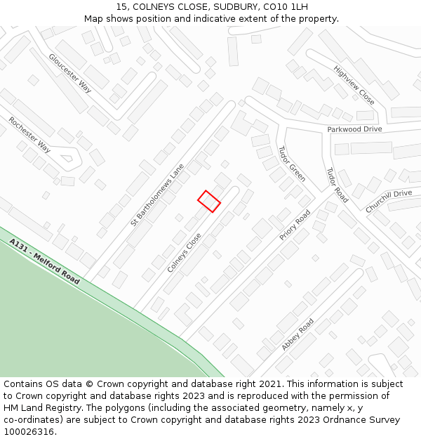 15, COLNEYS CLOSE, SUDBURY, CO10 1LH: Location map and indicative extent of plot
