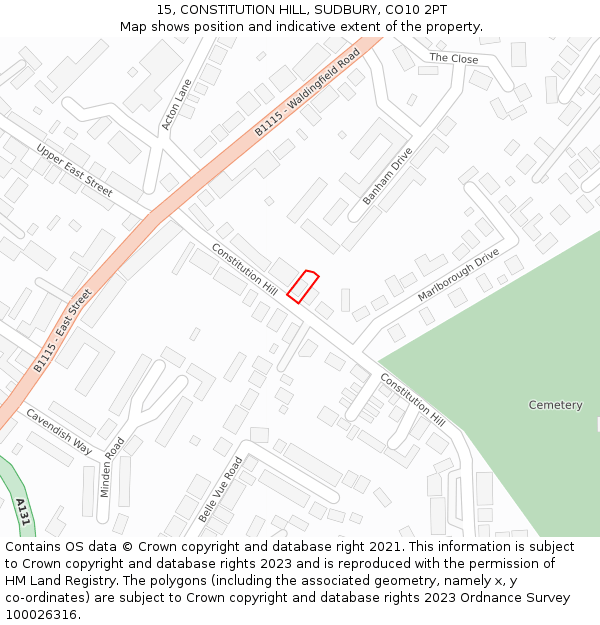 15, CONSTITUTION HILL, SUDBURY, CO10 2PT: Location map and indicative extent of plot