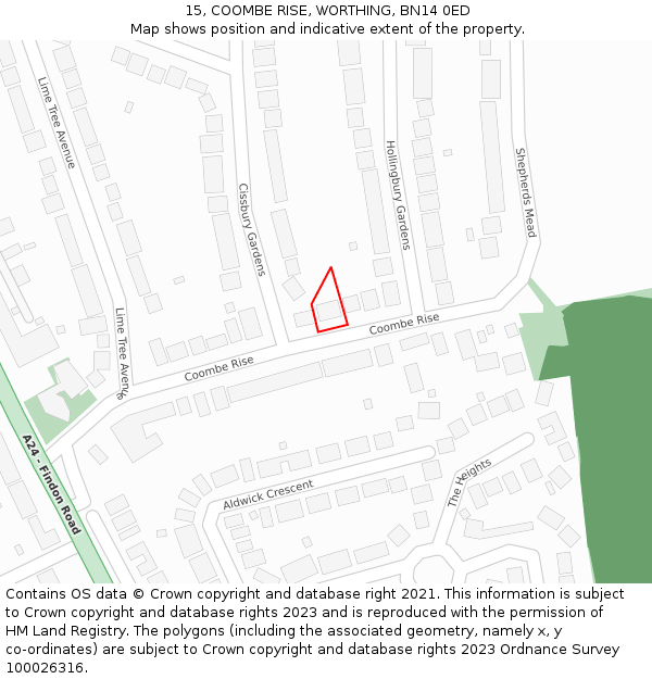 15, COOMBE RISE, WORTHING, BN14 0ED: Location map and indicative extent of plot