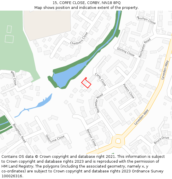 15, CORFE CLOSE, CORBY, NN18 8PQ: Location map and indicative extent of plot