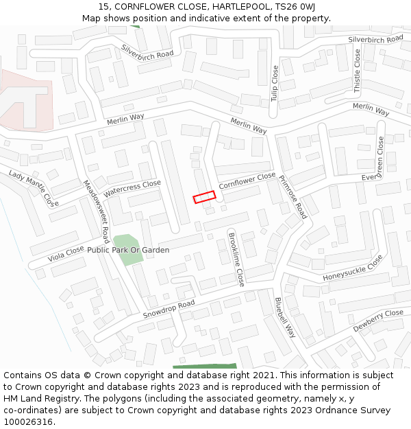 15, CORNFLOWER CLOSE, HARTLEPOOL, TS26 0WJ: Location map and indicative extent of plot