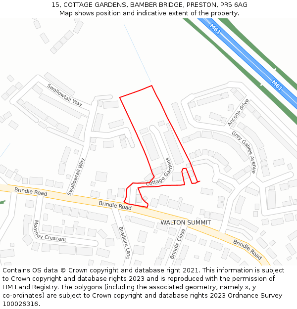 15, COTTAGE GARDENS, BAMBER BRIDGE, PRESTON, PR5 6AG: Location map and indicative extent of plot
