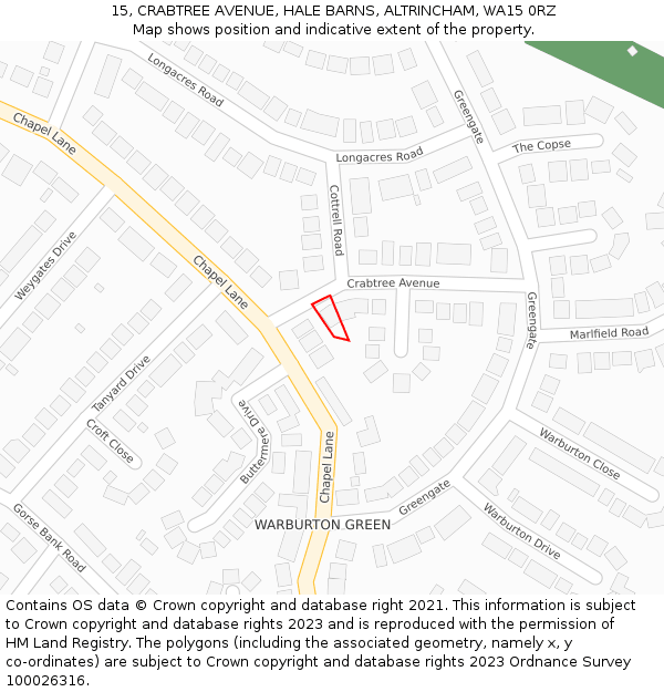 15, CRABTREE AVENUE, HALE BARNS, ALTRINCHAM, WA15 0RZ: Location map and indicative extent of plot