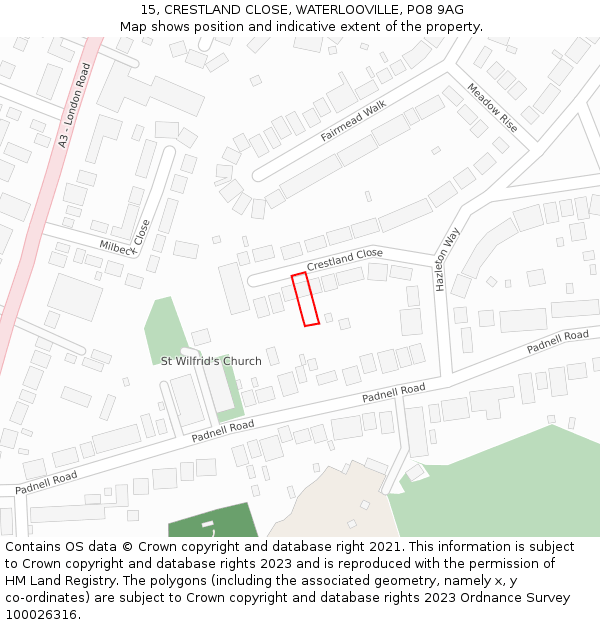 15, CRESTLAND CLOSE, WATERLOOVILLE, PO8 9AG: Location map and indicative extent of plot