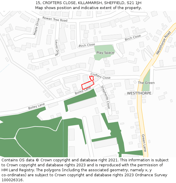15, CROFTERS CLOSE, KILLAMARSH, SHEFFIELD, S21 1JH: Location map and indicative extent of plot