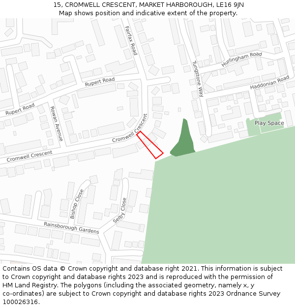 15, CROMWELL CRESCENT, MARKET HARBOROUGH, LE16 9JN: Location map and indicative extent of plot