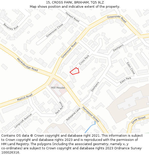 15, CROSS PARK, BRIXHAM, TQ5 9LZ: Location map and indicative extent of plot