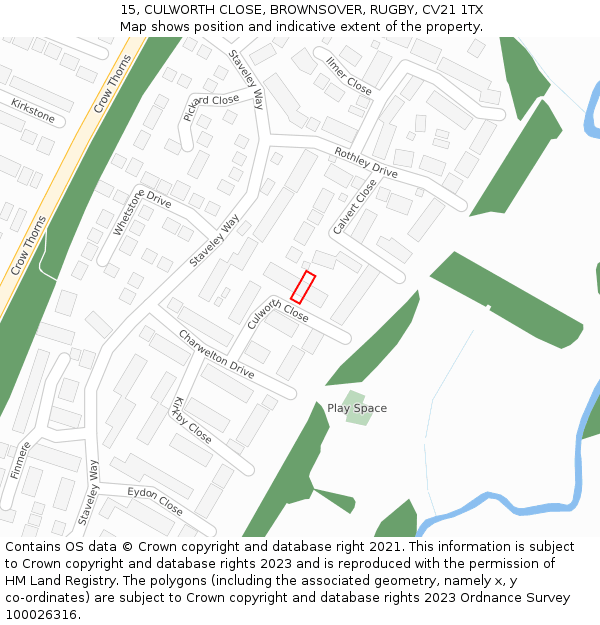 15, CULWORTH CLOSE, BROWNSOVER, RUGBY, CV21 1TX: Location map and indicative extent of plot