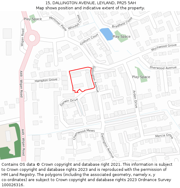 15, DALLINGTON AVENUE, LEYLAND, PR25 5AH: Location map and indicative extent of plot