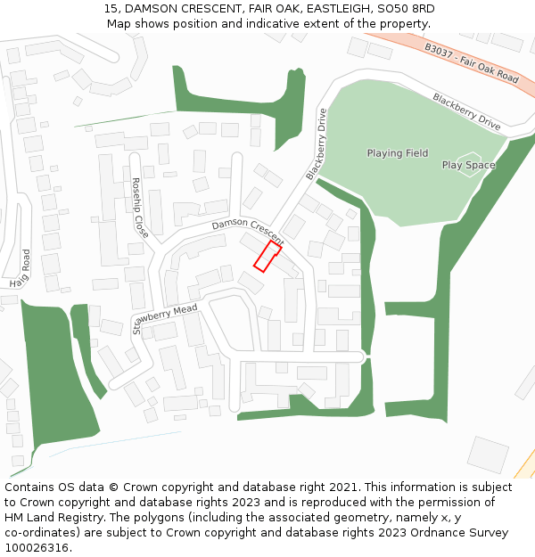 15, DAMSON CRESCENT, FAIR OAK, EASTLEIGH, SO50 8RD: Location map and indicative extent of plot