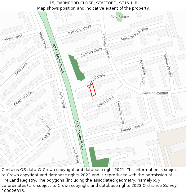 15, DARNFORD CLOSE, STAFFORD, ST16 1LR: Location map and indicative extent of plot