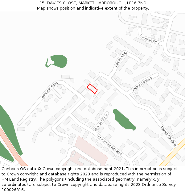 15, DAVIES CLOSE, MARKET HARBOROUGH, LE16 7ND: Location map and indicative extent of plot