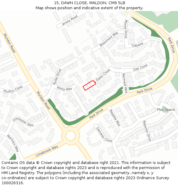 15, DAWN CLOSE, MALDON, CM9 5LB: Location map and indicative extent of plot