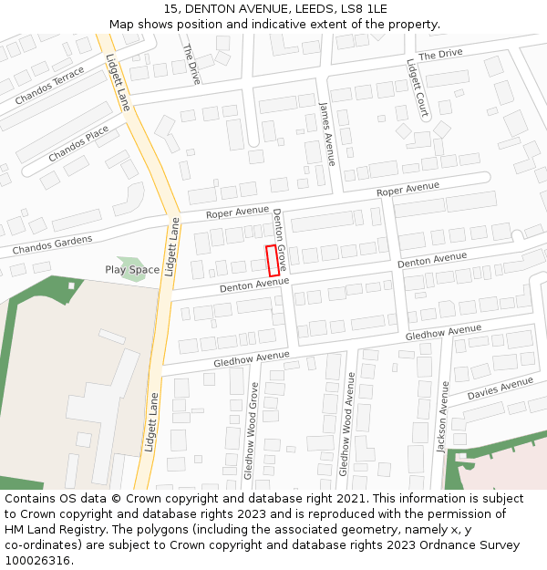 15, DENTON AVENUE, LEEDS, LS8 1LE: Location map and indicative extent of plot