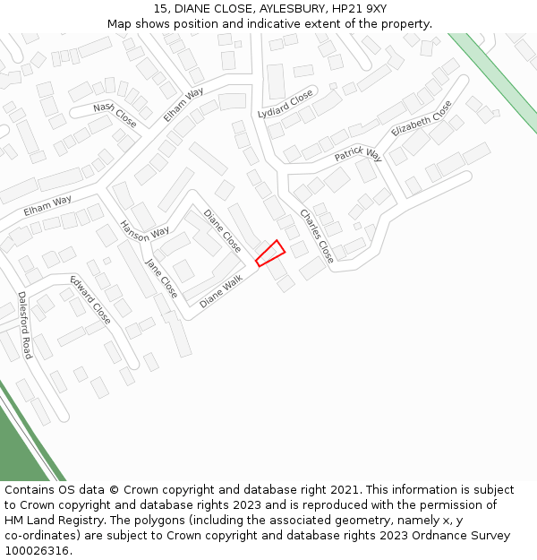 15, DIANE CLOSE, AYLESBURY, HP21 9XY: Location map and indicative extent of plot