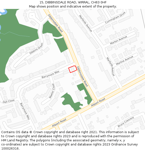 15, DIBBINSDALE ROAD, WIRRAL, CH63 0HF: Location map and indicative extent of plot