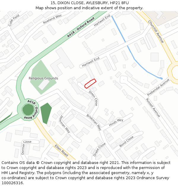 15, DIXON CLOSE, AYLESBURY, HP21 8FU: Location map and indicative extent of plot